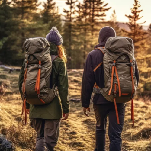 hikers from behind, both carrying large backpacks and wearing beanies, suggesting a cool climate or season. They are walking on a trail that appears to be in a forested area with pine trees, indicative of an outdoor adventure setting. The warm, golden light suggests it may be either early morning or late afternoon.